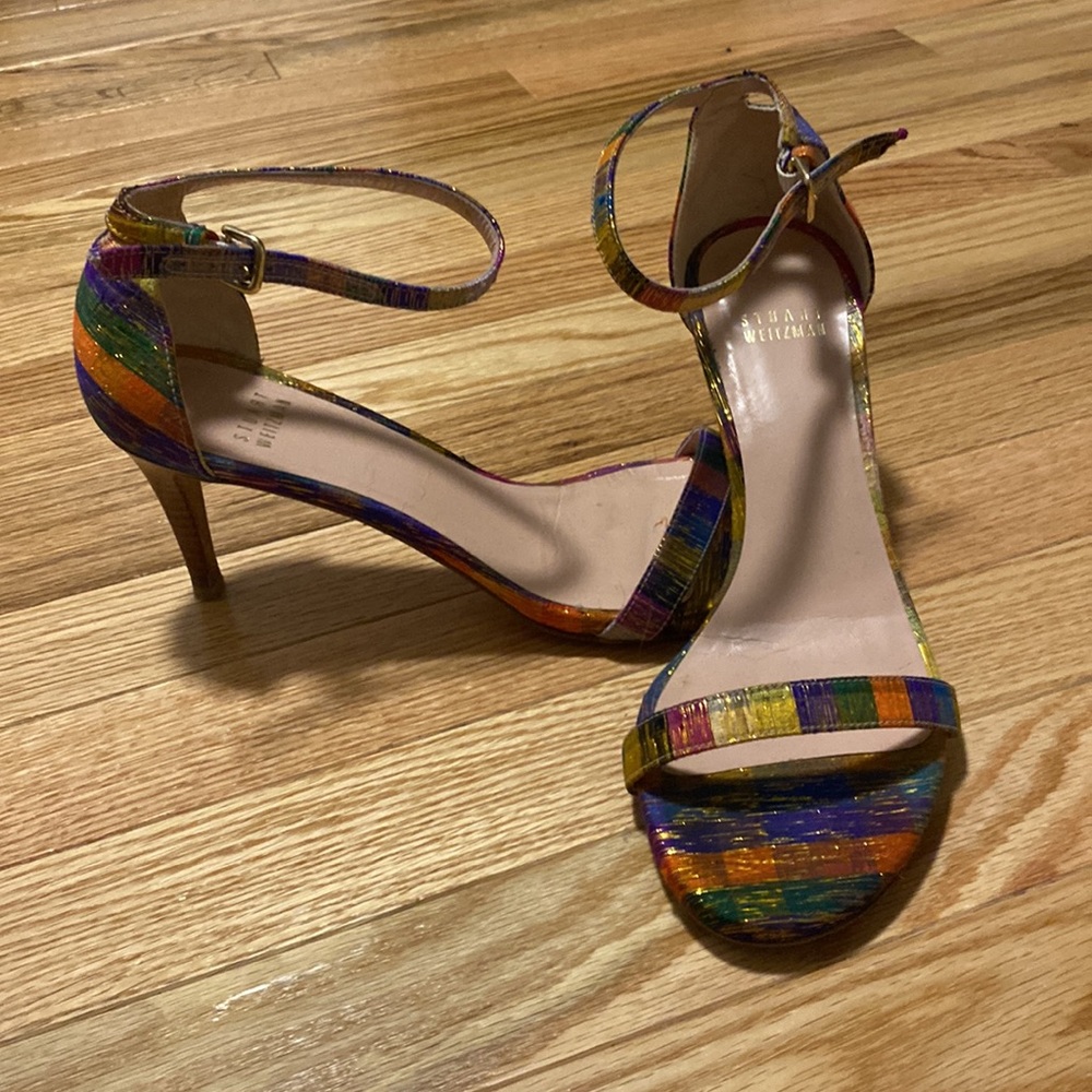 Stuart Weitzman NUNAKEDSTRAIGHT Plaid Shimmer Rainbow Ankle Sandals 613